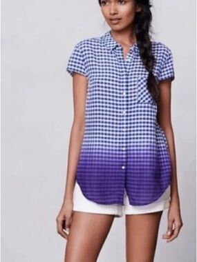 HOLDING HORSES for Anthropologie Blue and Purple Ombre Gingham Button-Down Shirt